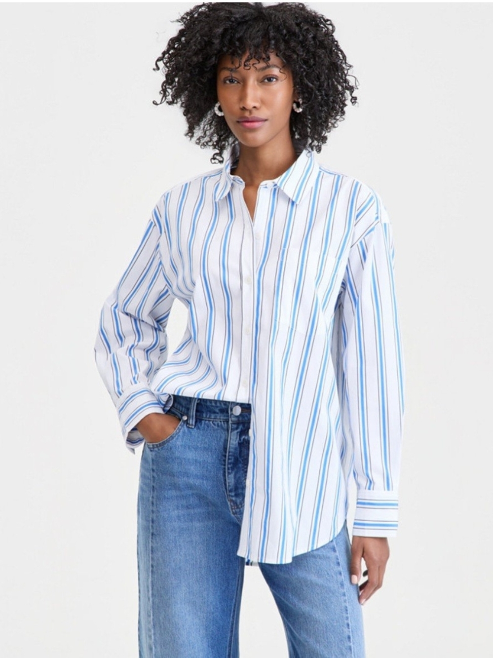 ON 34TH Classic White Button-Up Shirt with Blue Stripes Size XL NWT